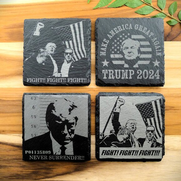 Donald Trump 2024 July 13 Assassination FIGHT Never Surrender Slate Coaster Set - Picture 5 of 15